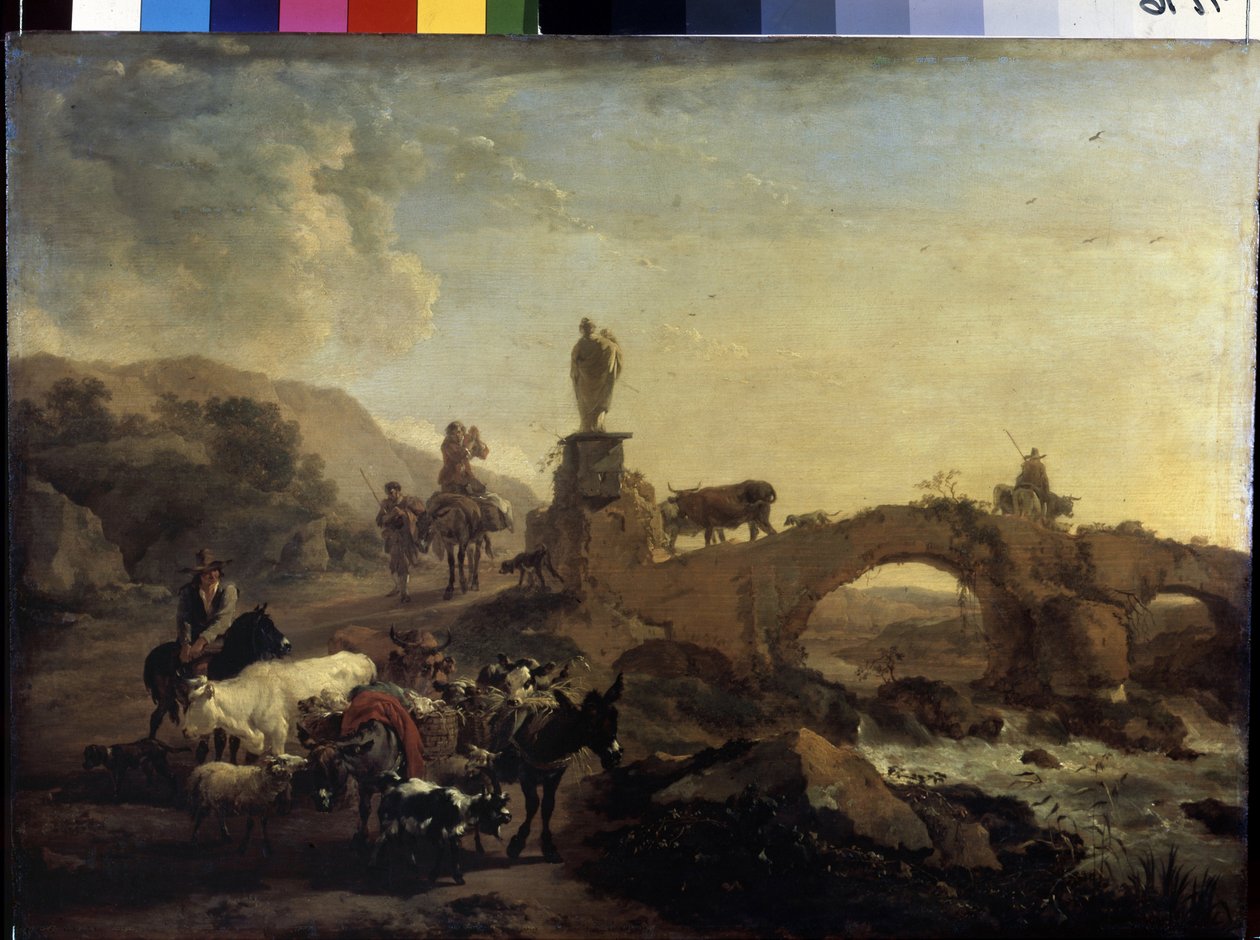 "Olasz táj kis híddal" Nicolaes (Claes) Pietersz Berchem idősebb festménye (1620-1683) 1656 Méret: 44,5x61 cm Ermitázs Múzeum, Szentpétervár alkotó: Nicolaes Pietersz. Berchem