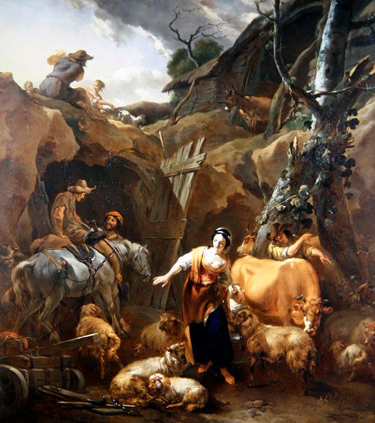 Parasztok egy sziklás tájban egy bánya előtt alkotó: Nicolaes Pietersz. Berchem