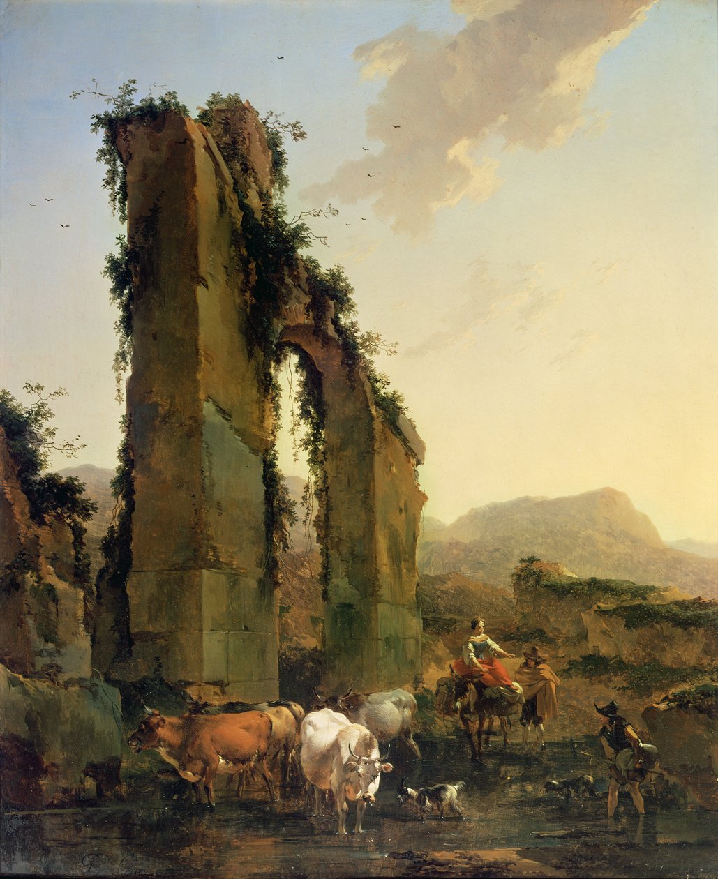 Parasztok marhákkal egy romos vízvezeték mellett, 1655-1660 körül (olaj, vászon) alkotó: Nicolaes Pietersz. Berchem