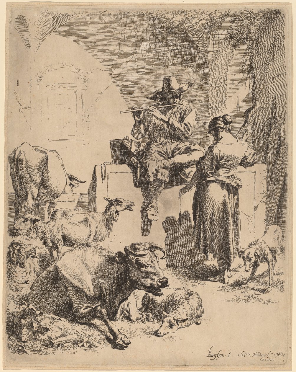 A szökőkúton ülő pásztor és a fonó alkotó: Nicolaes Pietersz Berchem
