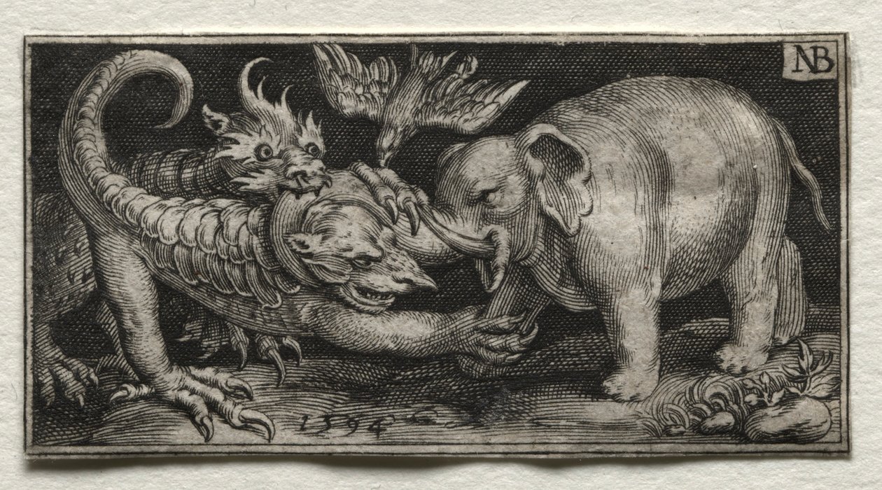 Elefántok harca két vadállat ellen, 1594. alkotó: Nicolaes de Bruyn