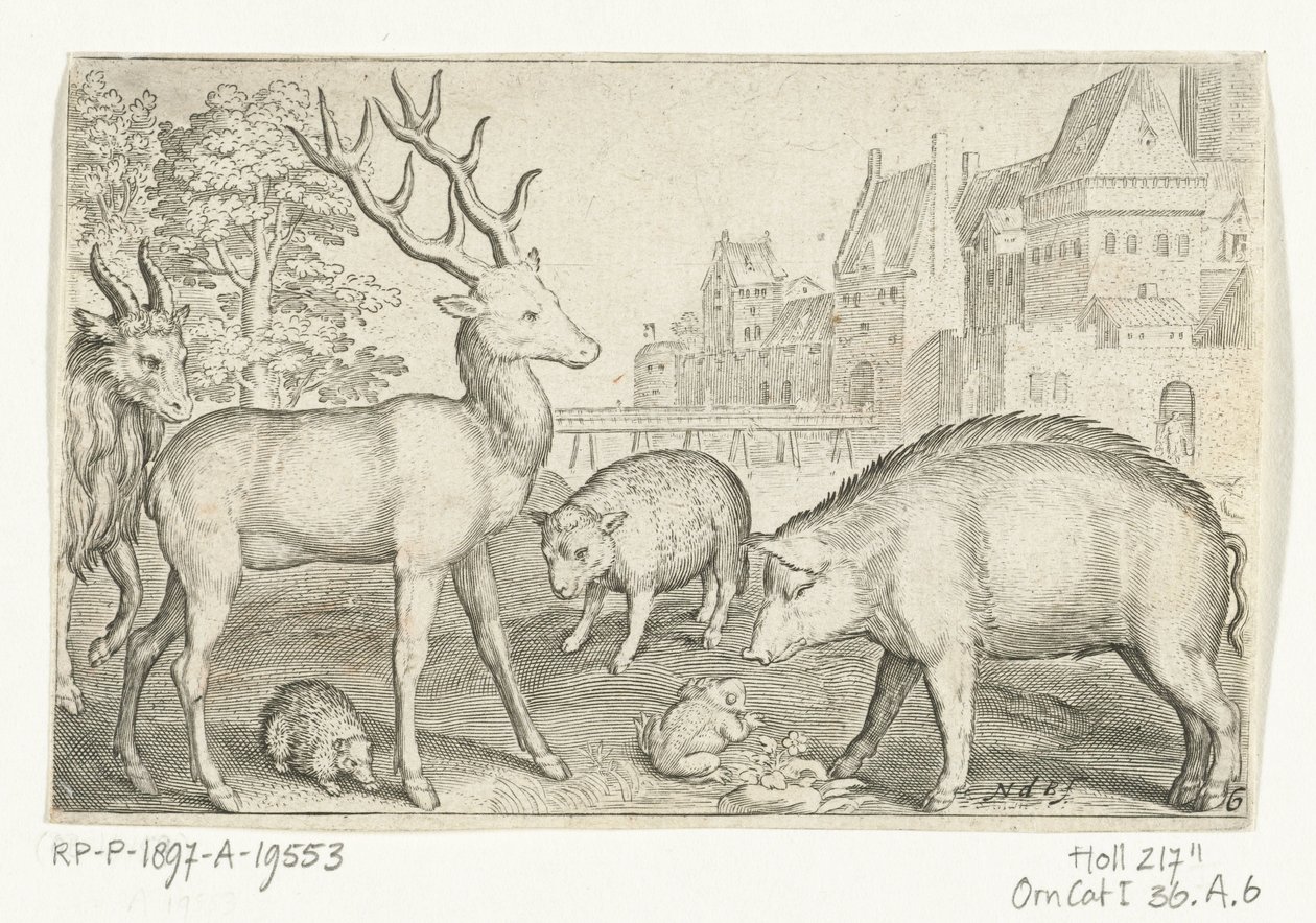 Szarvas, sündisznó, birka, béka és disznó Animalivm qvadrvpedvm (sorozat címe) Állatok a tájakon (sorozat címe) alkotó: Nicolaes de Bruyn