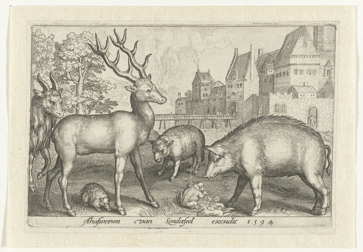 Szarvas, sündisznó, birka, béka és disznó Animalivm qvadrvpedvm (sorozat címe) Állatok a tájakon (sorozat címe) alkotó: Nicolaes de Bruyn