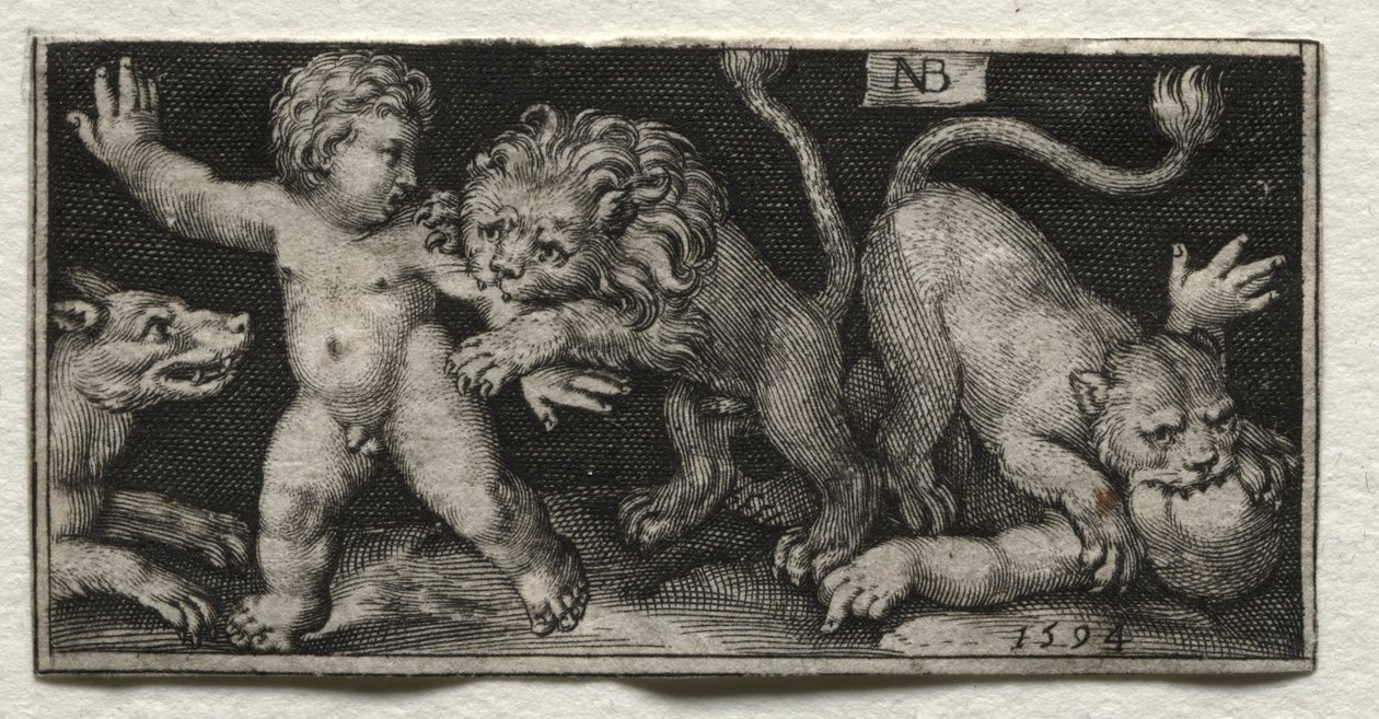 Az oroszlánok gyerekekre támadnak, 1594. alkotó: Nicolaes de Bruyn