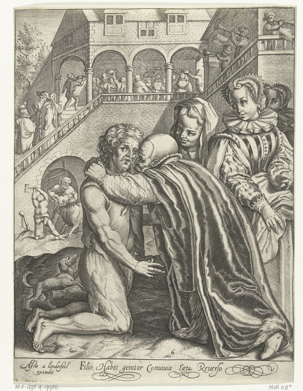 A tékozló fiú hazatérése Filio habet conuiuia laeta Reuerso (cím a tárgyon) Mese a tékozló fiúról (sorozat címe) alkotó: Nicolaes de Bruyn