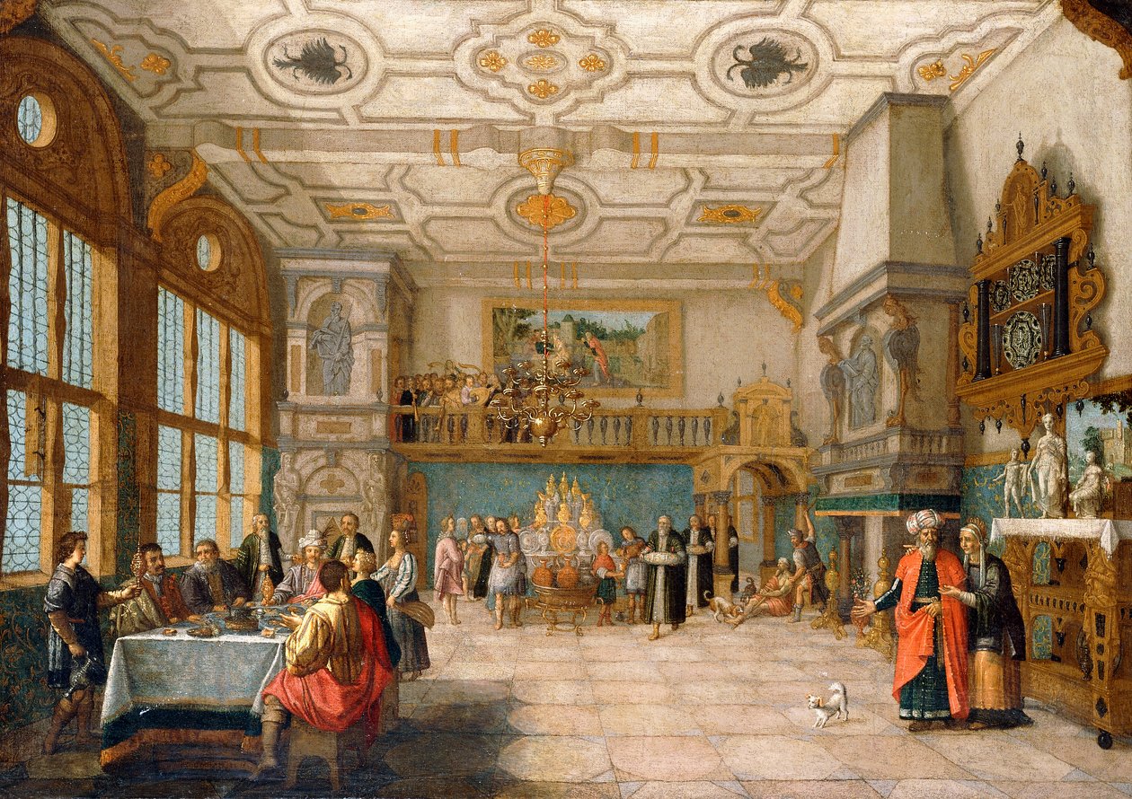 Lázár egy díszterem ajtajában elegáns figurákkal, étkezővel, 1622 alkotó: Nicolaes de Gyselaer