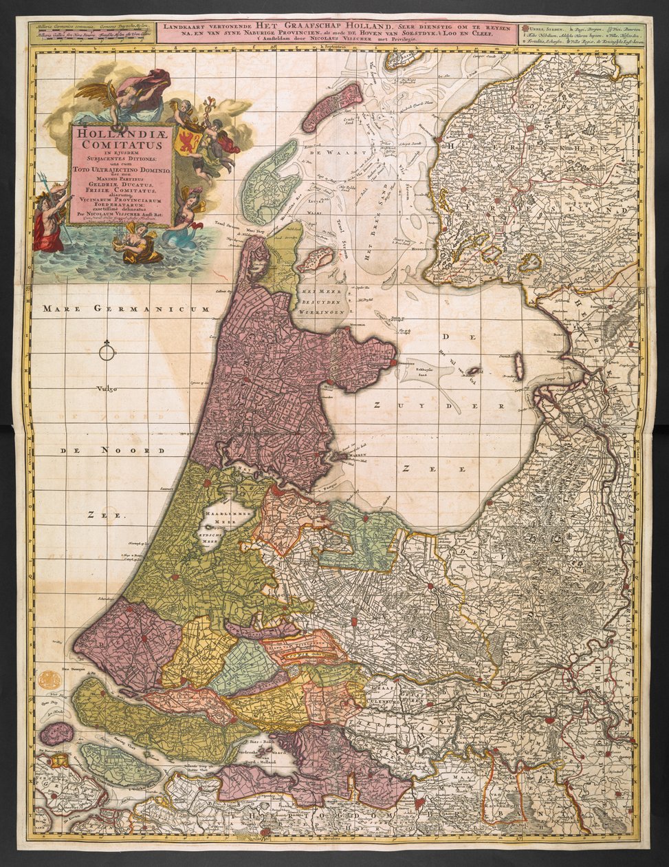Hollandia térképe települések, mocsarak, erdők, dombok, utak, folyók és egyéb földrajzi jellemzők megjelenítésével, 1710 körül (színes metszet) alkotó: Nicolaes the Elder Visscher