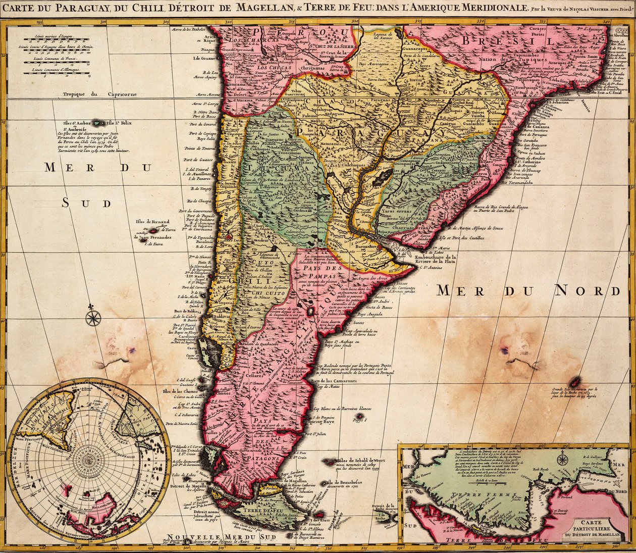 Paraguay, Chile, a Magellán-szoros és Tierra del Fuego térképe Dél-Amerikában, 1720 körül (színes metszet) alkotó: Nicolaes the Younger Visscher