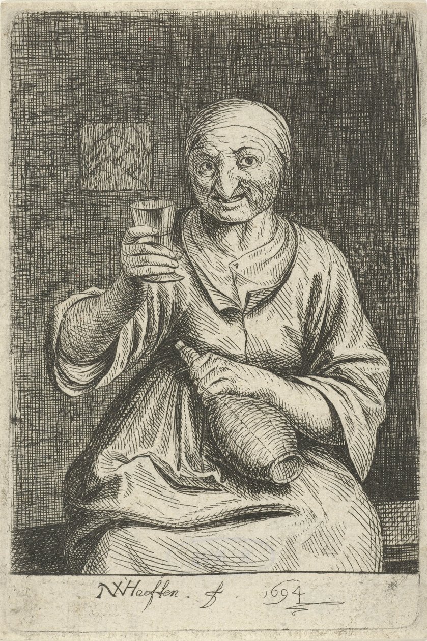 Öreg nő pohárral és kancsóval alkotó: Nicolaes van Haeften
