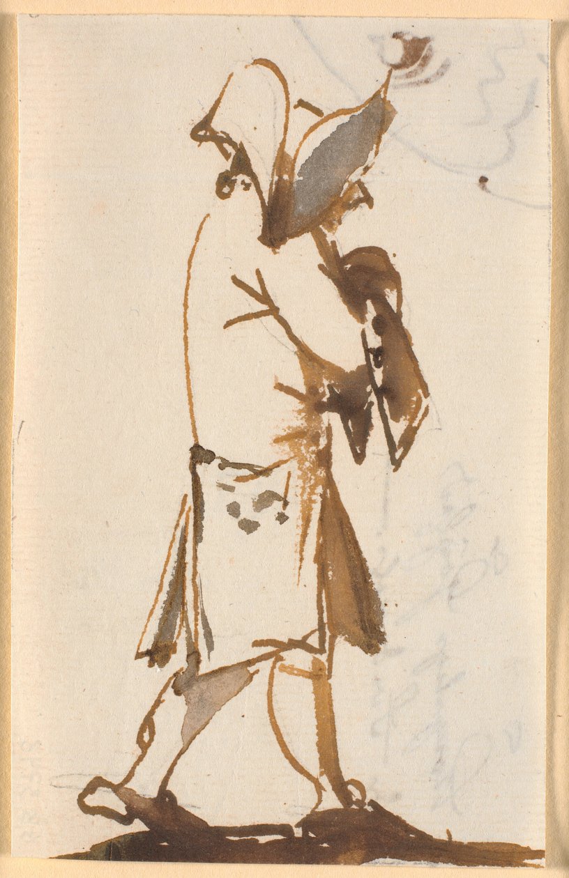 Sétáló férfi karikatúrája háromszögletű kalappal, profilban t.h. alkotó: Nicolai Abildgaard