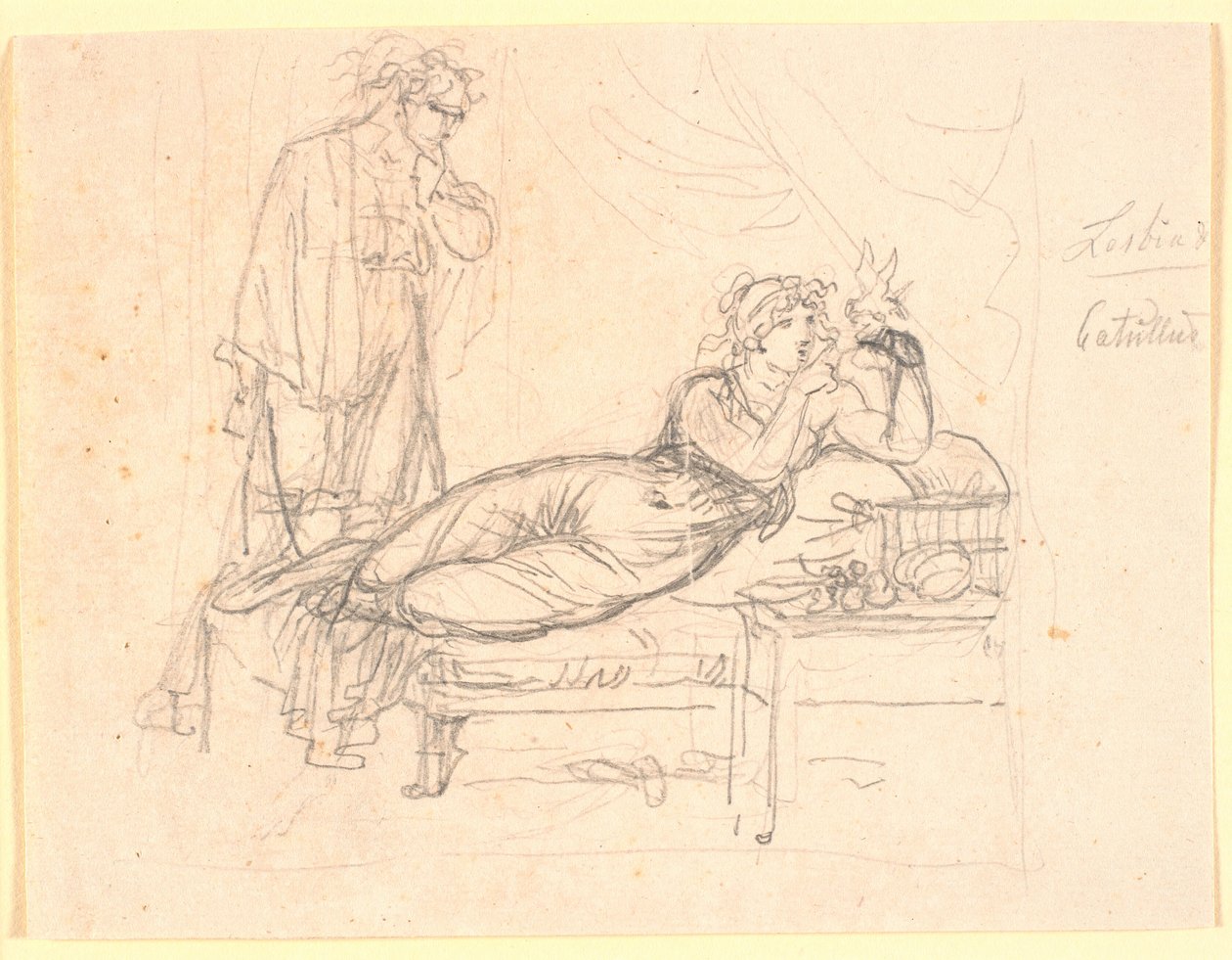 Leszbia és Catullus. Leszbia fekvő helyzetben, bal kezében egy madarat tart. Catullus mögötte áll alkotó: Nicolai Abildgaard