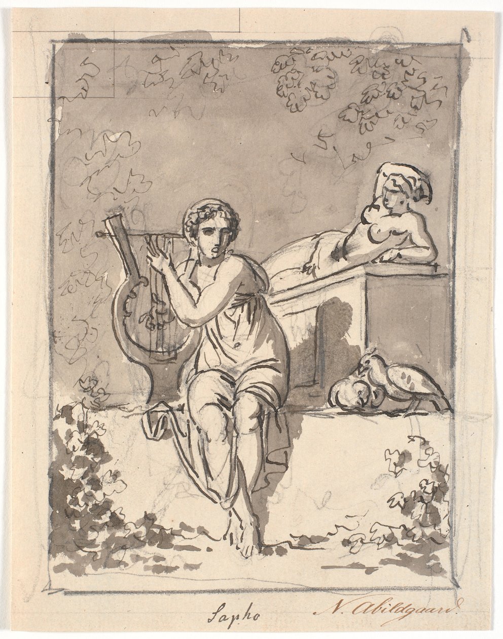 A lírájával ülő Sappho a háttérben egy hermafrodita nyugszik alkotó: Nicolai Abildgaard