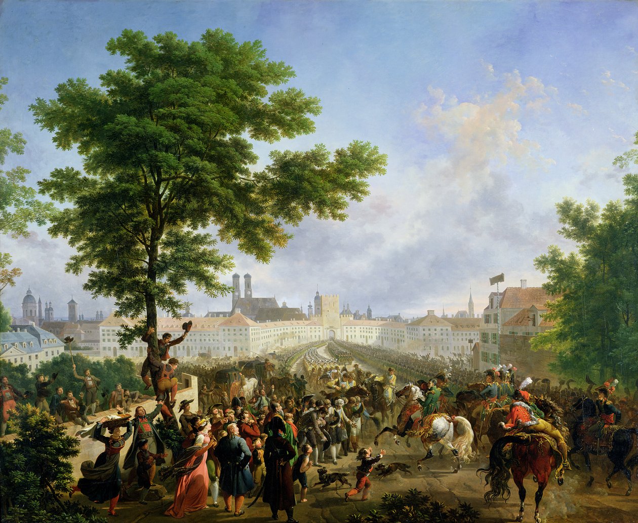 Bonaparte Napóleon (1769-1821) és a francia hadsereg belépése Münchenbe, 1805. október 24., 1808. alkotó: Nicolas Antoine Taunay