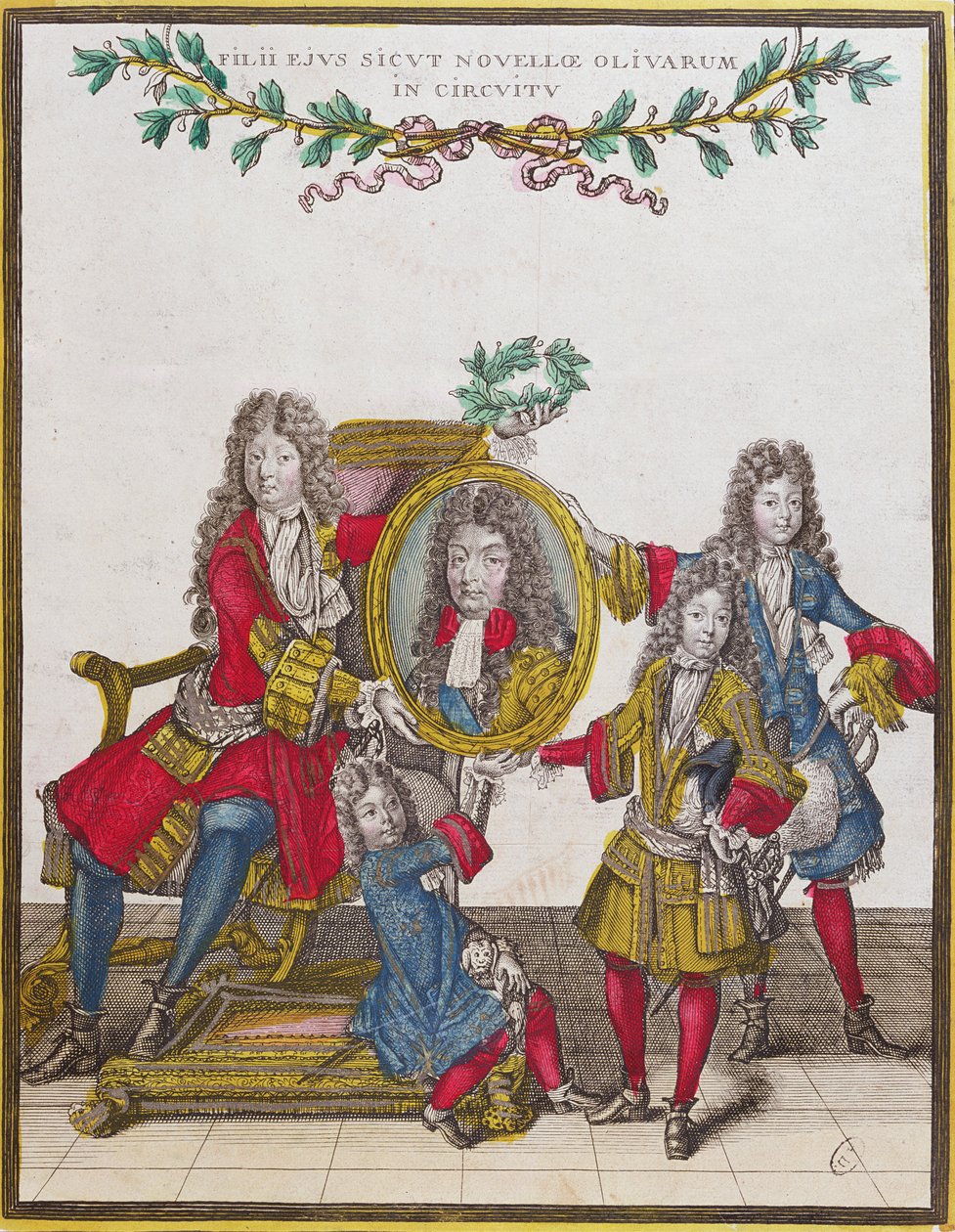A francia királyi család XIV. Lajos portréjával a kezében, XVII. század vége (színes metszet) alkotó: Nicolas Arnoult