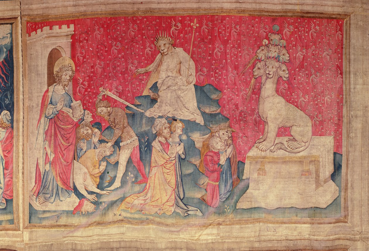 A Szörnyeteg képének imádása, Angers Apokalipszis Kárpitjából, 1373-87 (szőttes) alkotó: Nicolas Bataille