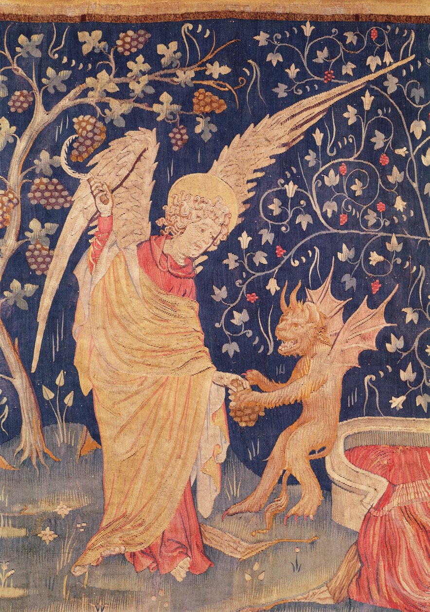 Angyal szőlőfürttel és démonnal, részlet az Apokalipszis Tapestry of Angers-ből, 1373-87 (szőlőszőnyeg) alkotó: Nicolas Bataille