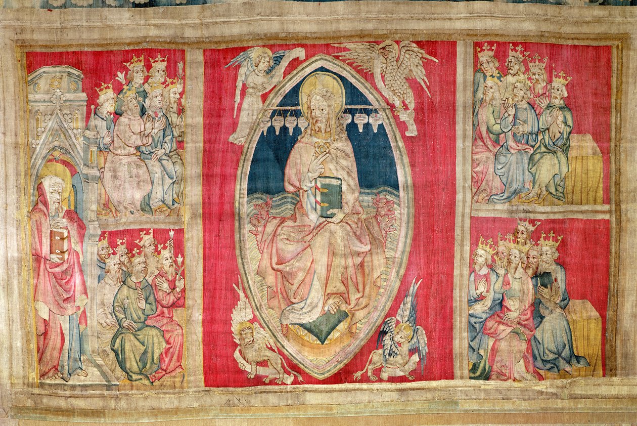 Krisztus trónol az apokaliptikus vadállatokkal és a huszonnégy vénnel, 4. sz. Angers apokalipsziséből, 1373-87 (szőnyeg) alkotó: Nicolas Bataille