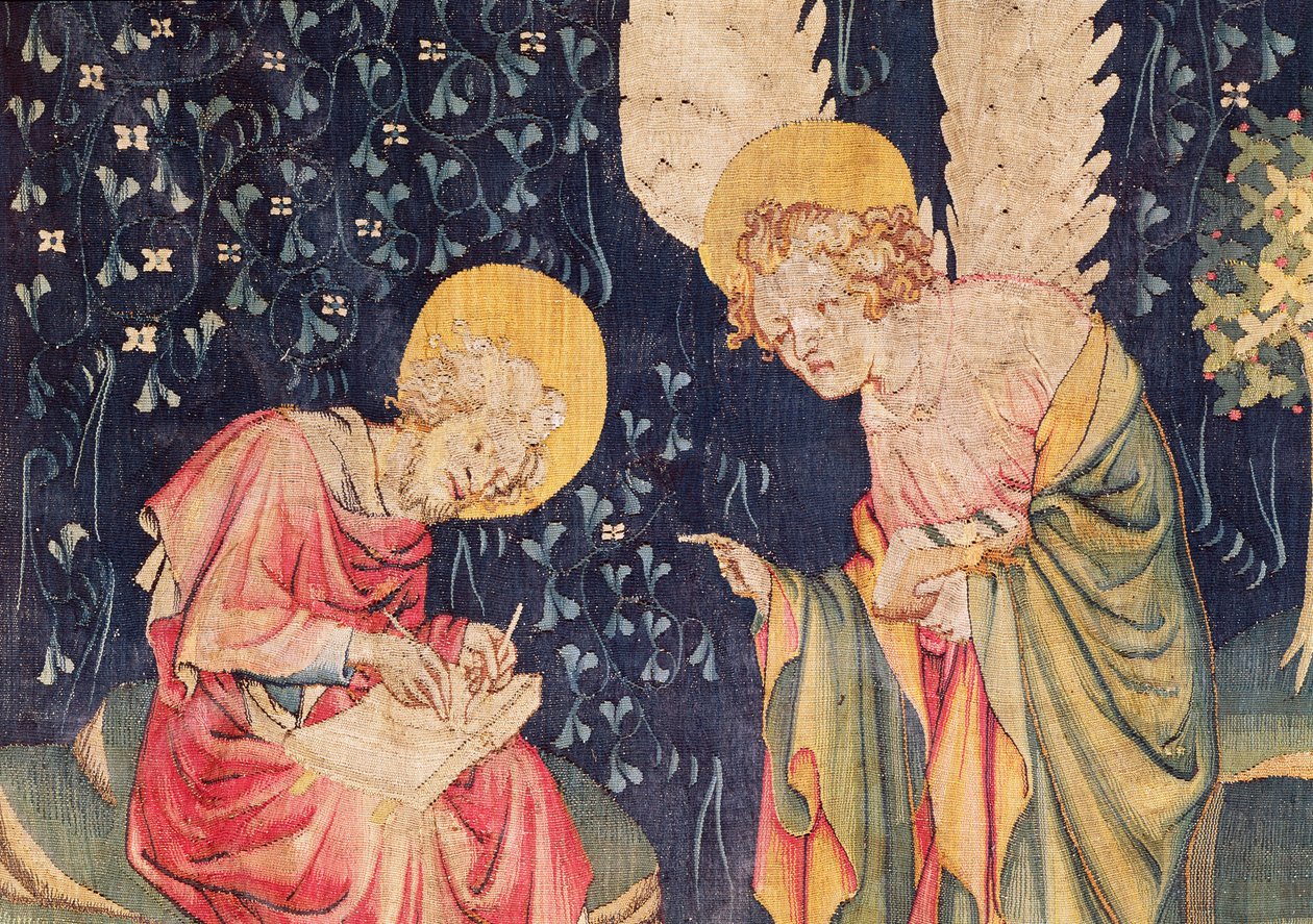 Szent János egy angyallal, részlet a 70. számú, 1373-87-es Angers-i Apokalipszis című faliszőnyegből. alkotó: Nicolas Bataille
