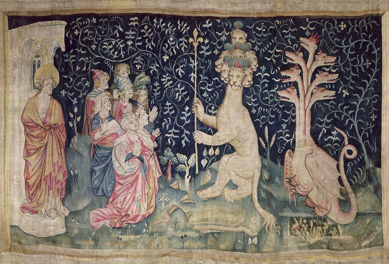 A fenevad imádása, 42. sz. az "Angers-i apokalipszis"-ből, 1373-87 (faliszőnyeg) alkotó: Nicolas Bataille