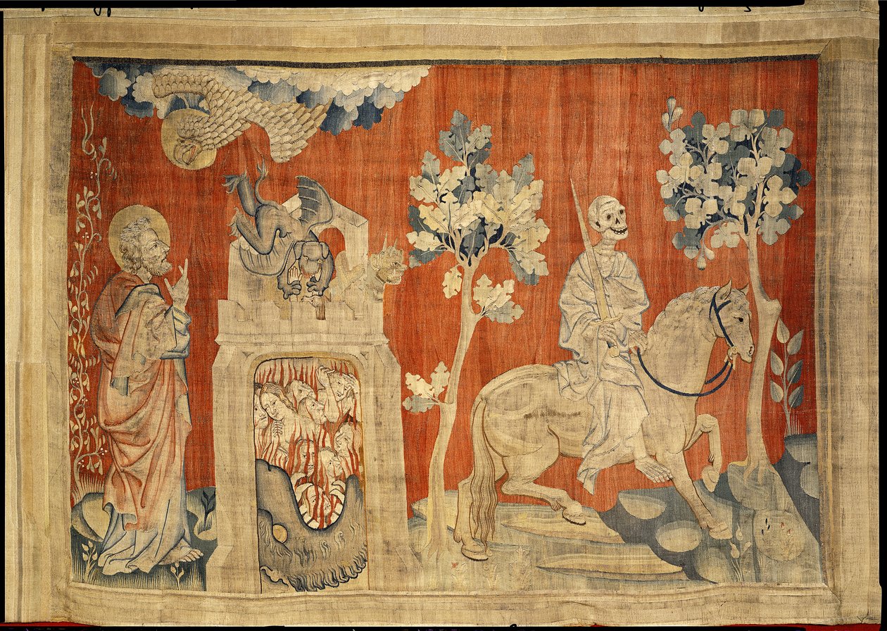 A Negyedik Pecsét felnyitása, a Halált sápadt lovon lovagolva ábrázolja, 12. sz. Angers Apokalipsziséből, 1373-87 (szőnyeg). alkotó: Nicolas Bataille