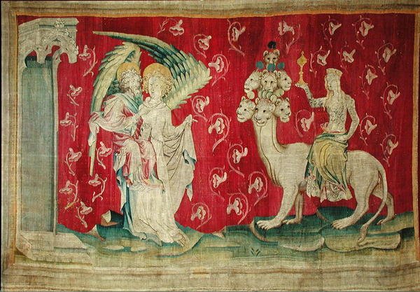 A szajha lovagol a fenevadon, 65. szám, Angers Apokalipsziséből, 1373-87. alkotó: Nicolas Bataille