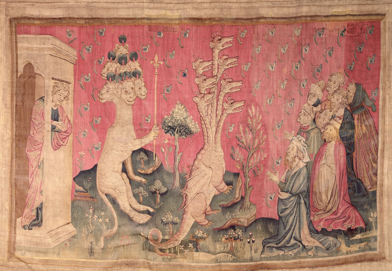 A hétfejű tengeri vadállat, amely az emberek tiszteletét fogadja, 41. sz. Angers Apokalipsziséből, 1373-87 (szőttes) alkotó: Nicolas Bataille