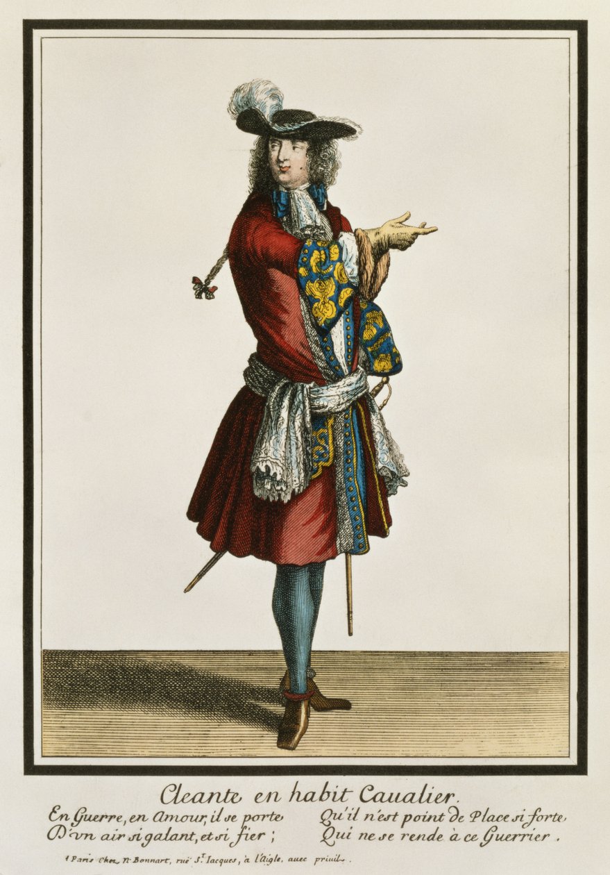 Cavaliernek öltözött Cleante divattányér, 1695 körül alkotó: Nicolas Bonnart