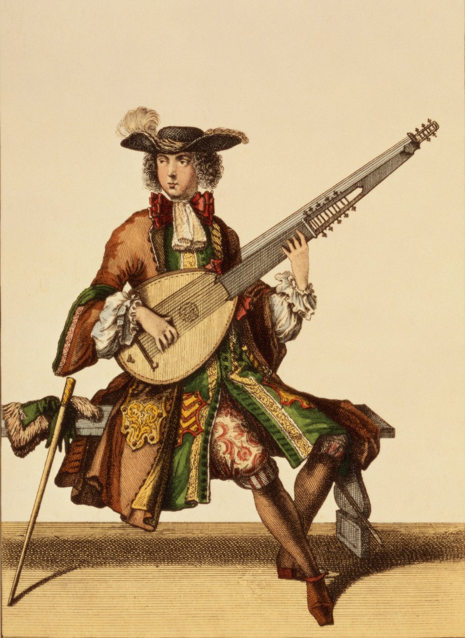 Gentleman Playing the Angelica, divatlemez, 1695 körül alkotó: Nicolas Bonnart