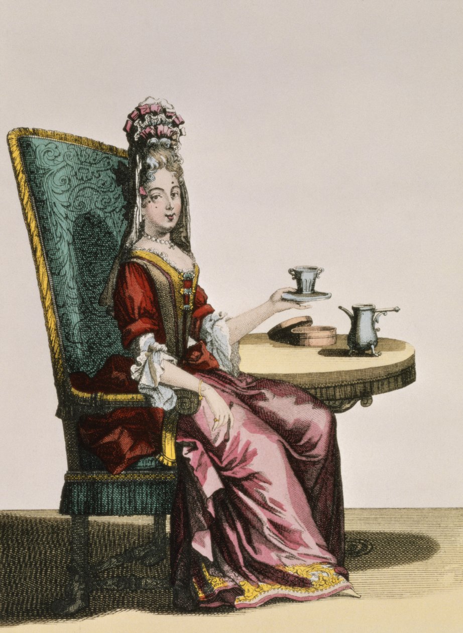 Kávézó hölgy, divatlap, 1695 körül alkotó: Nicolas Bonnart