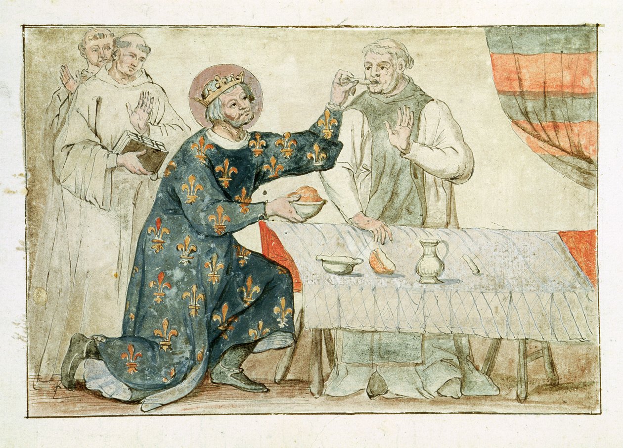 Ms 1779 fol. 81 St. Louis etet egy fösvény szerzetest, a „Memoires pour la Vie de Saint Louis” című filmből alkotó: Nicolas Claude Fabri de Peiresc