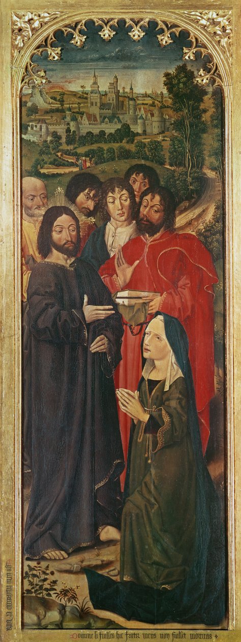 Lázár feltámadása Triptichon, a Krisztus előtt térdelő Márta bal oldali táblája, 1461 alkotó: Nicolas Froment