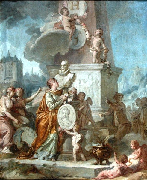 Allegorikus jelenet IV. Henrik (1553-1610) francia király mellszobra és Comtesse de Gramont portrémedálja körül, 1776 alkotó: Nicolas Guy Brenet