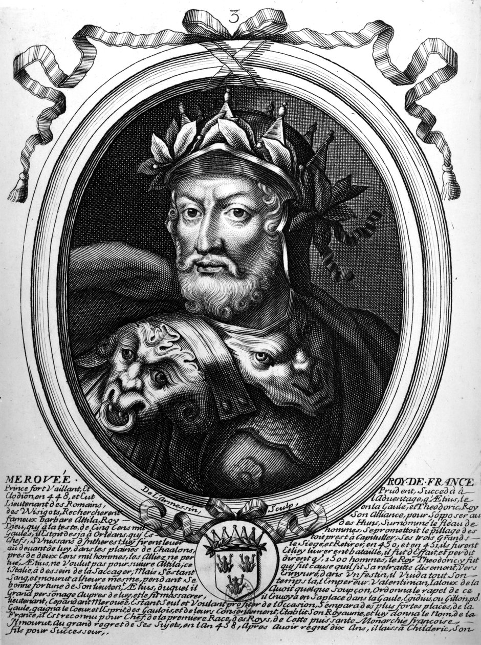Merovech (megh. 456) szalian frank király portréja, a Les Augustes Representations de tous les Rois de France-ból, 1714 alkotó: Nicolas II de Larmessin