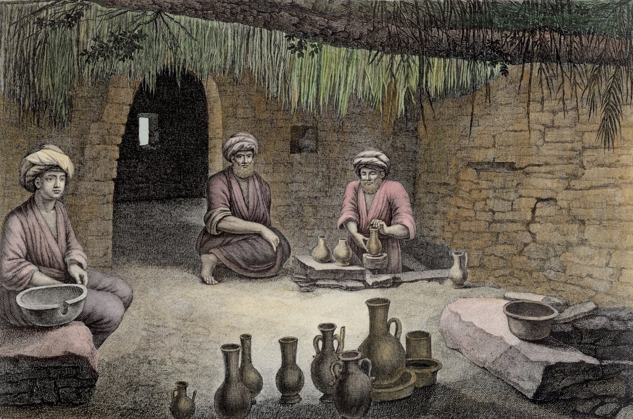 Egy fazekasműhely belseje, az „Egyiptom leírása” II. kötetből, vésett: C.F. Letellier, kocsma. Napóleon parancsára, 1822 (későbbi színezés) alkotó: Nicolas Jacques Conte