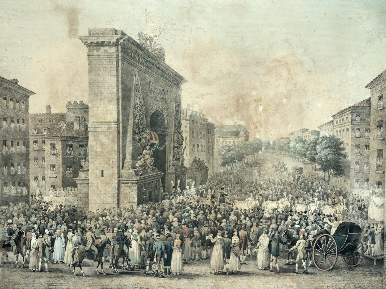 XVIII. Lajos (1755-1824) bejárata a Porte Saint-Denis-en keresztül, 1814 (toll, tinta és WC papíron) alkotó: Nicolas Joseph Vergnaux