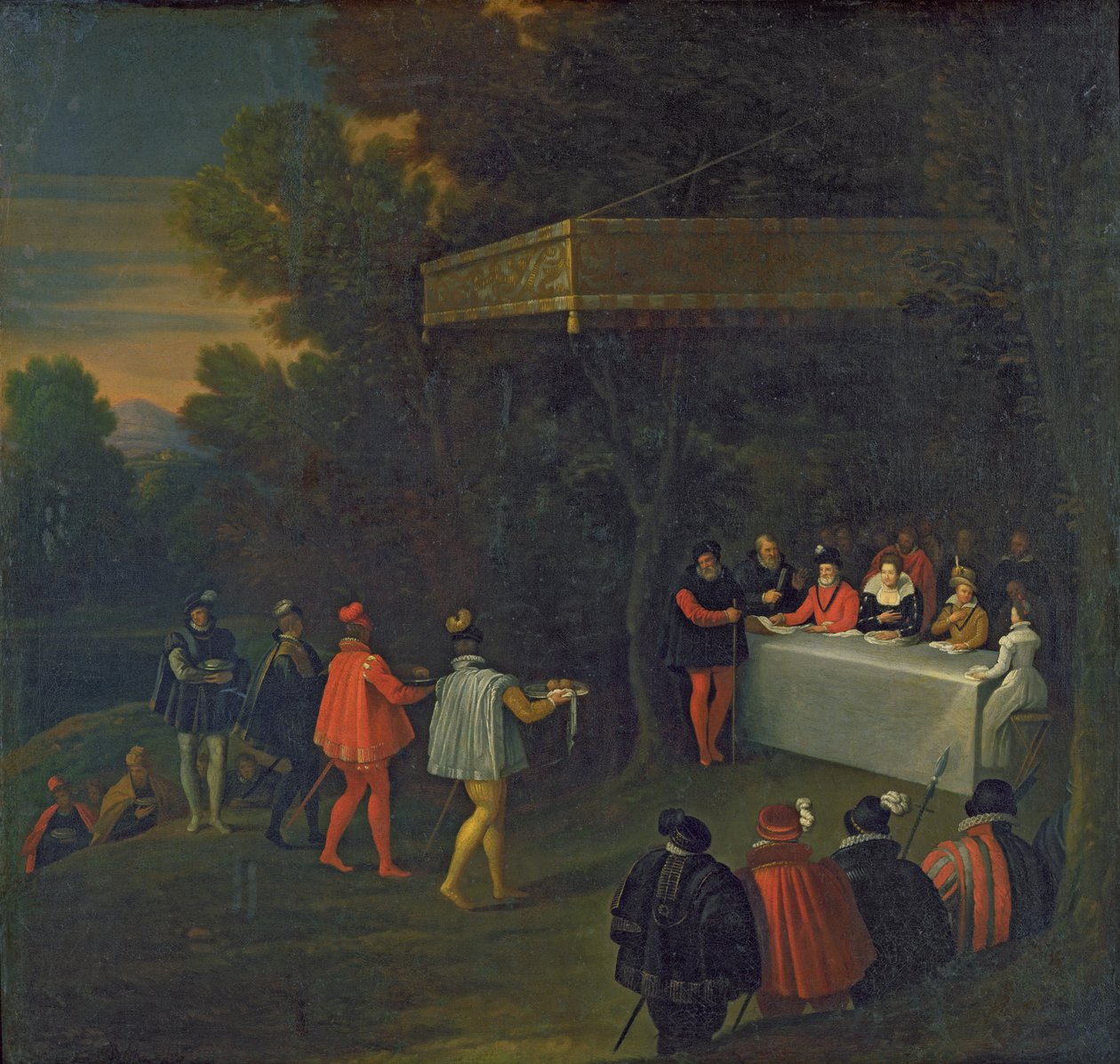 Henri IV (1553-1610) Marie de Medicis (1573-1642), Elisabeth de France (1602-44) és Dauphin Louis (1601-43) vacsora a fontainebleau-i erdőben, 1590 után alkotó: Nicolas Labbe
