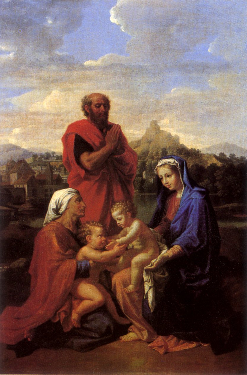A Szent Család Szent Jánossal, Szent Erzsébettel és Szent Józseffel imádkozik alkotó: Nicolas Poussin