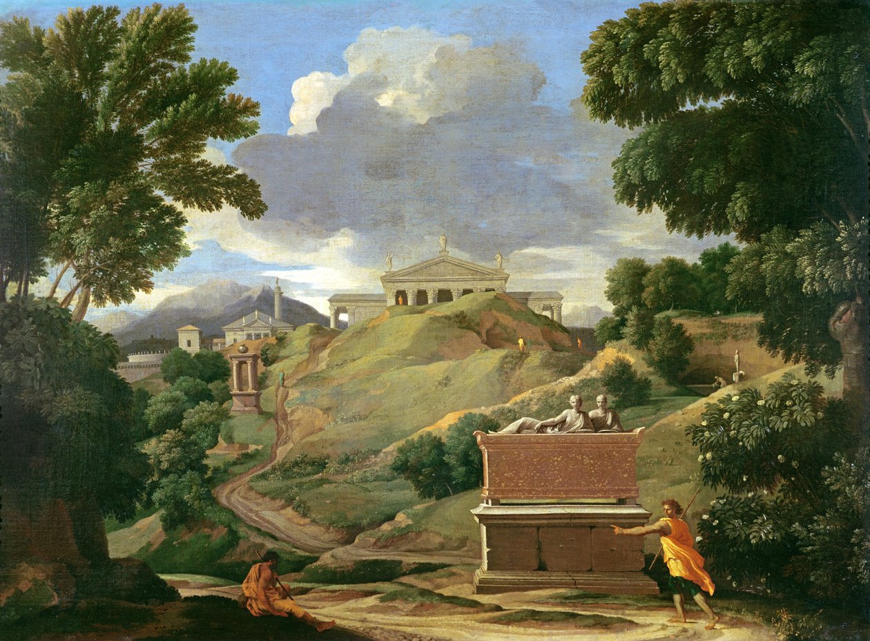 Táj klasszikus romokkal és etruszk szarkofággal, 1634 körül alkotó: Nicolas Poussin