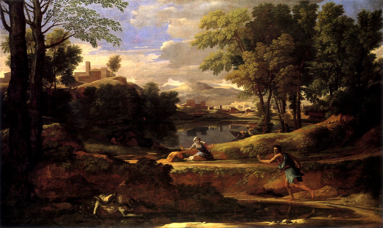 Tájkép-egy-ember-ölt-kígyóval alkotó: Nicolas Poussin