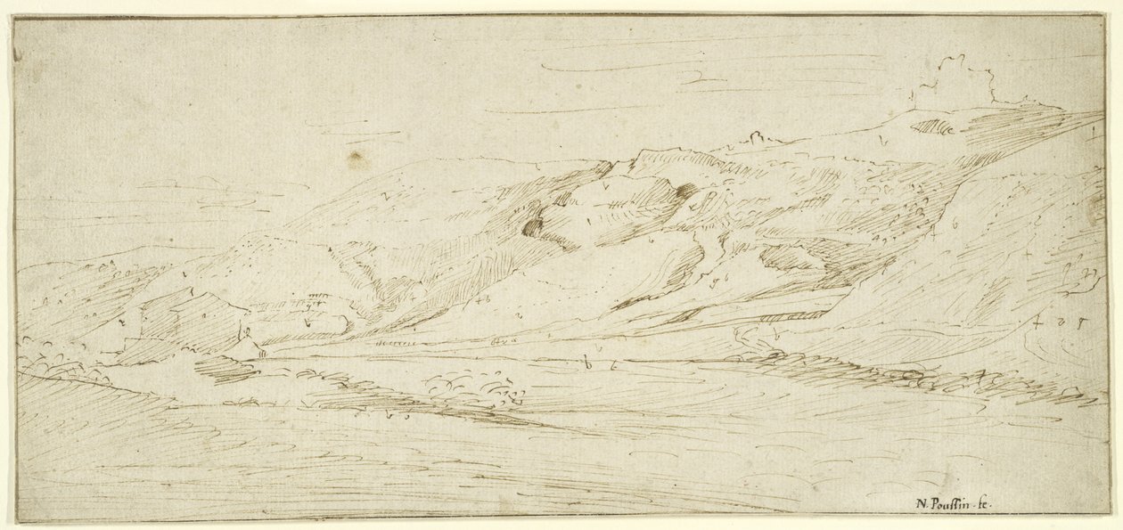 Hegyvidéki táj két házzal (toll és tus, mosás, papír) alkotó: Nicolas Poussin