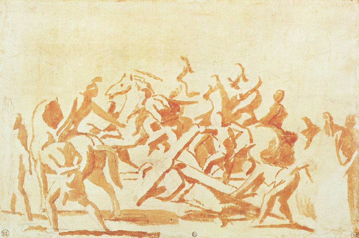Tanulmány Krisztusról, amint a keresztet viszi (kréta és mosás, papír) alkotó: Nicolas Poussin