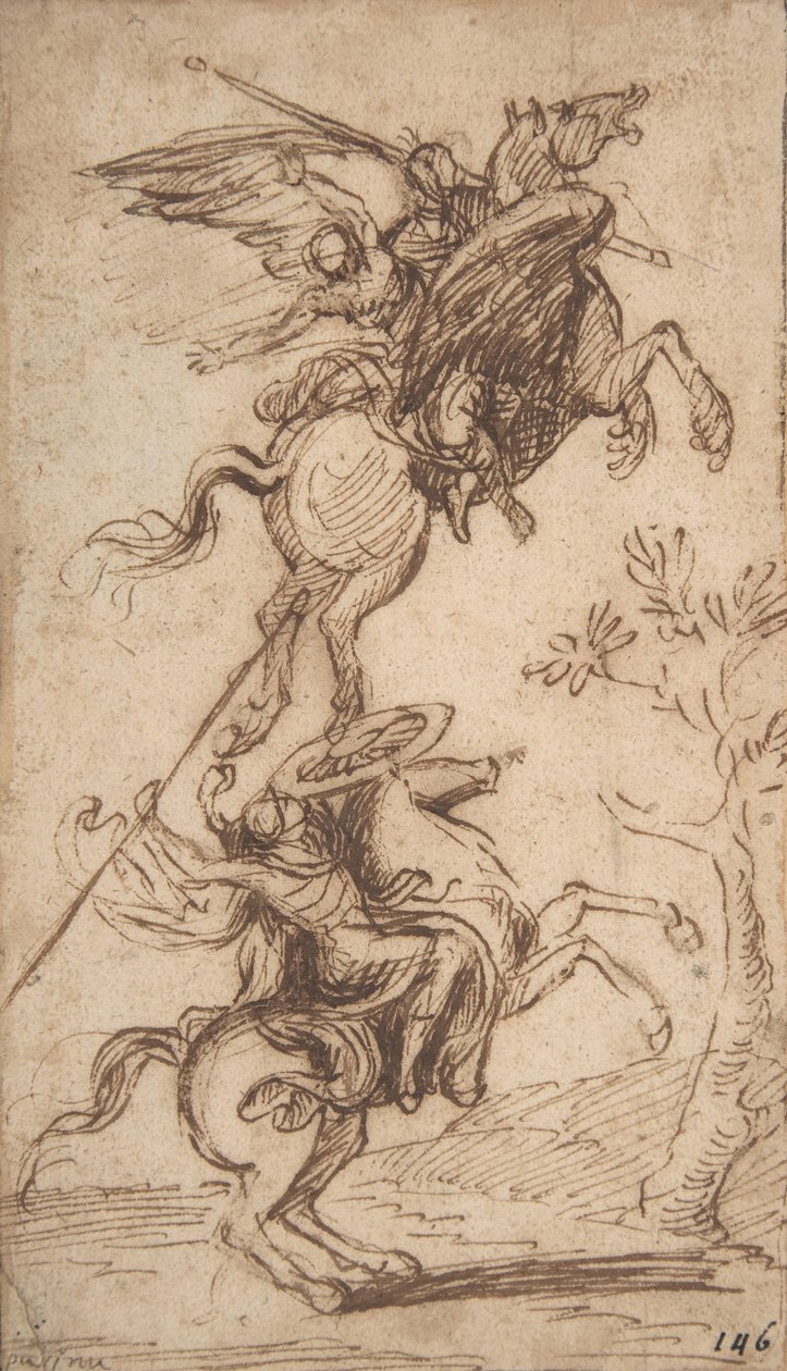 A varázsló Atlantisz elrabolja Pinabellos hölgyet (Ariosto, Orlando Furioso, II. ének, 38), 1635-1638 körül (toll és barna tinta) alkotó: Nicolas Poussin