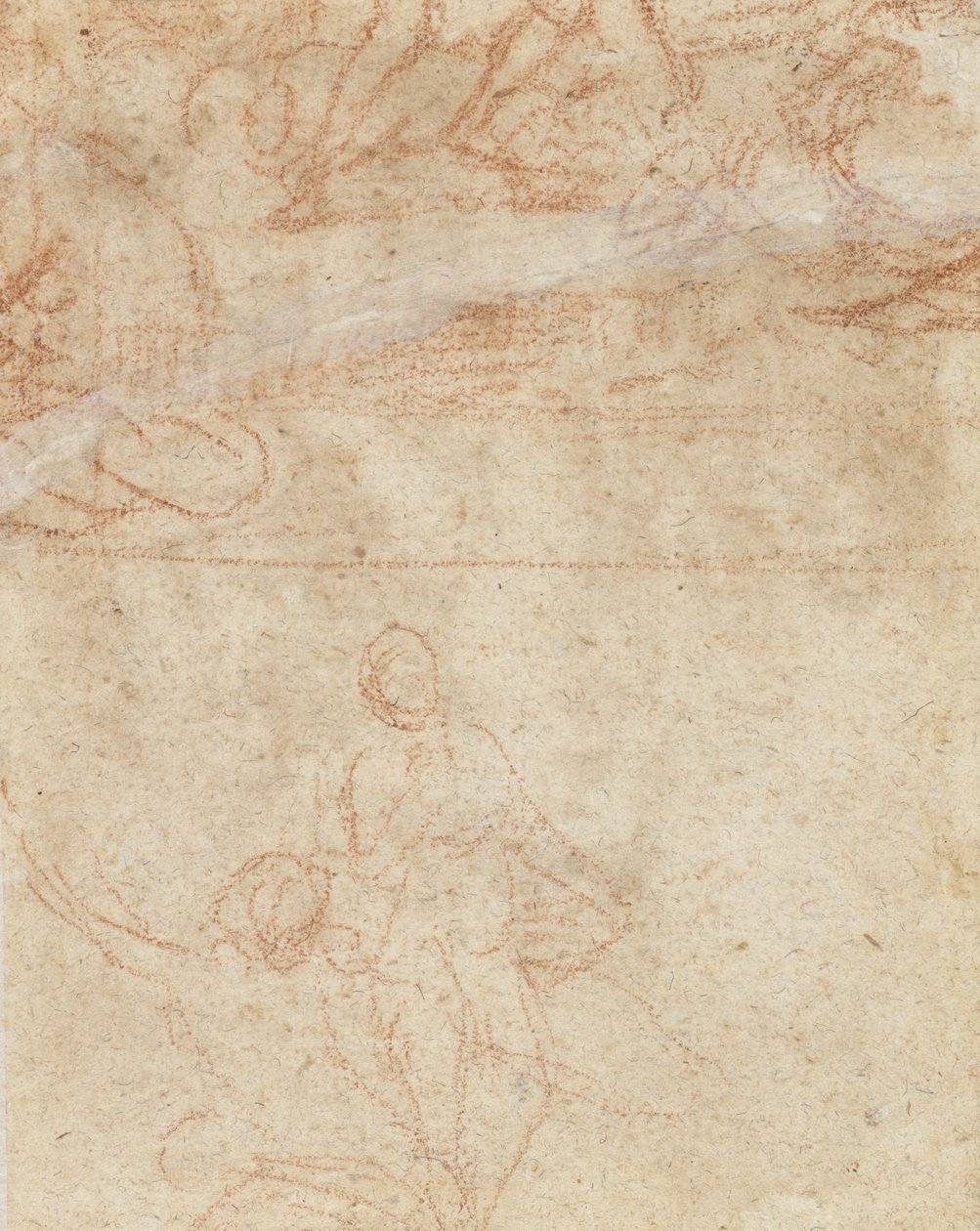 Két durva vázlat, egy guggoló nő, mellette egy álló alakkal és egy másik alakcsoport (vörös kréta, papír). alkotó: Nicolas Poussin