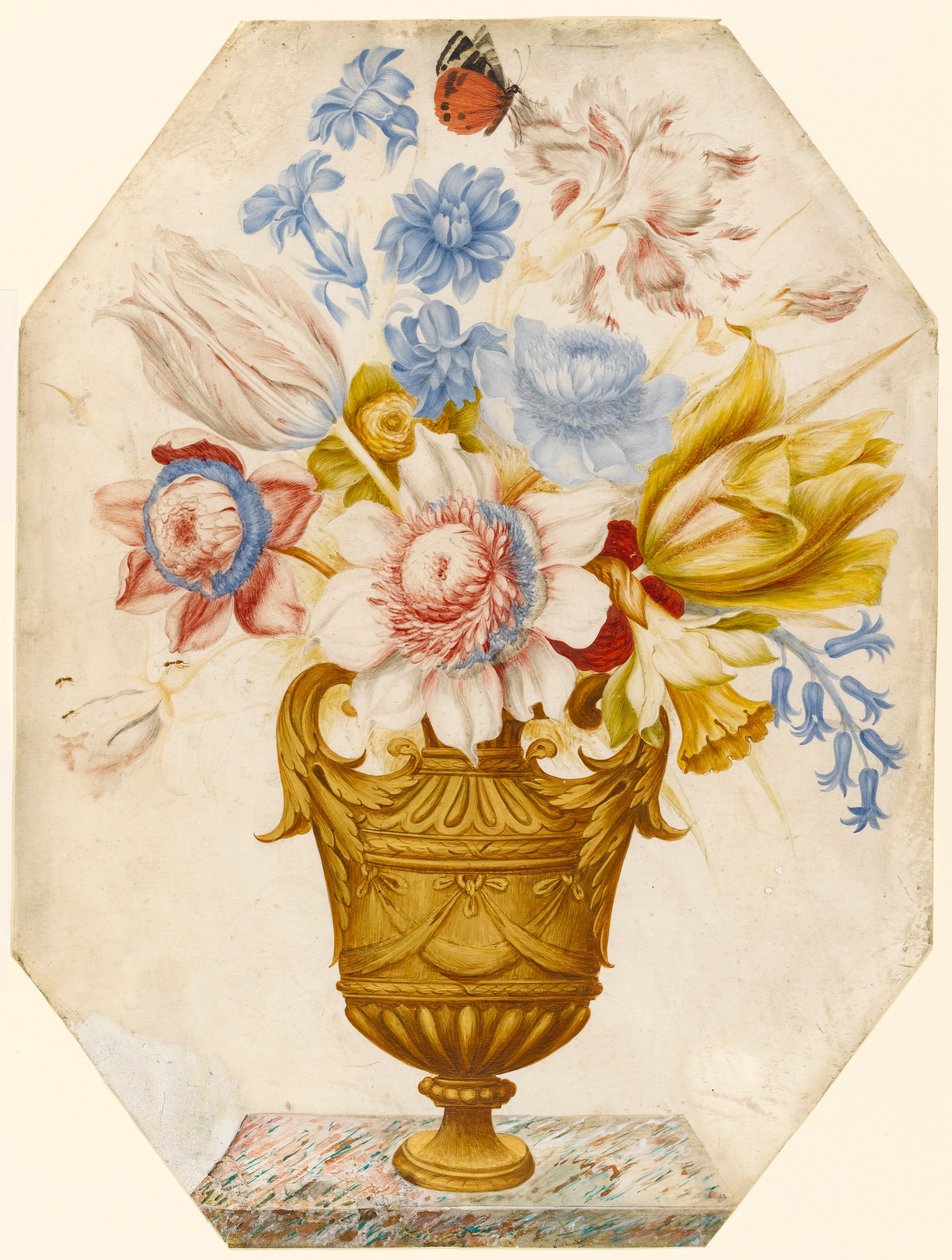 Virágok vázában, amely márványpárkányon áll, pillangóval a virágon (wc und gouache on vellum) alkotó: Nicolas Robert