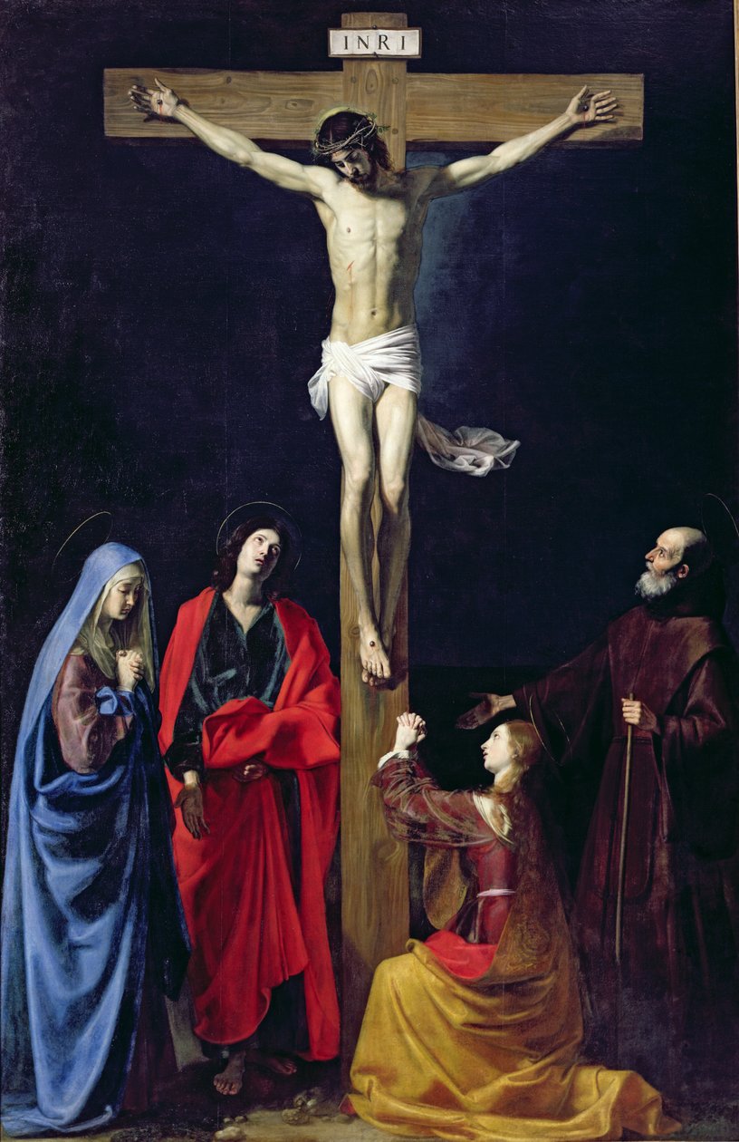 Krisztus a kereszten a Szűzanyával, Mária Magdolnával, Szent Jánossal és Paolai Szent Ferenccel alkotó: Nicolas Tournier