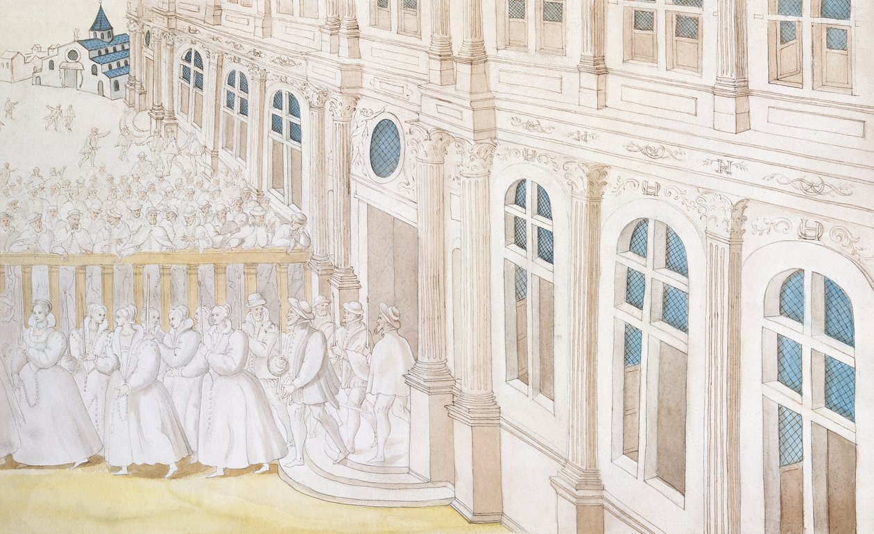 Louise de Lorraine-Vaudemont királynő (1553-1601) körmenete, elhagyja a Palais du Louvre-t a Maison de Charite felé, 1584 (toll, tinta és WC papíron) alkotó: Nicolas attr. to Houel
