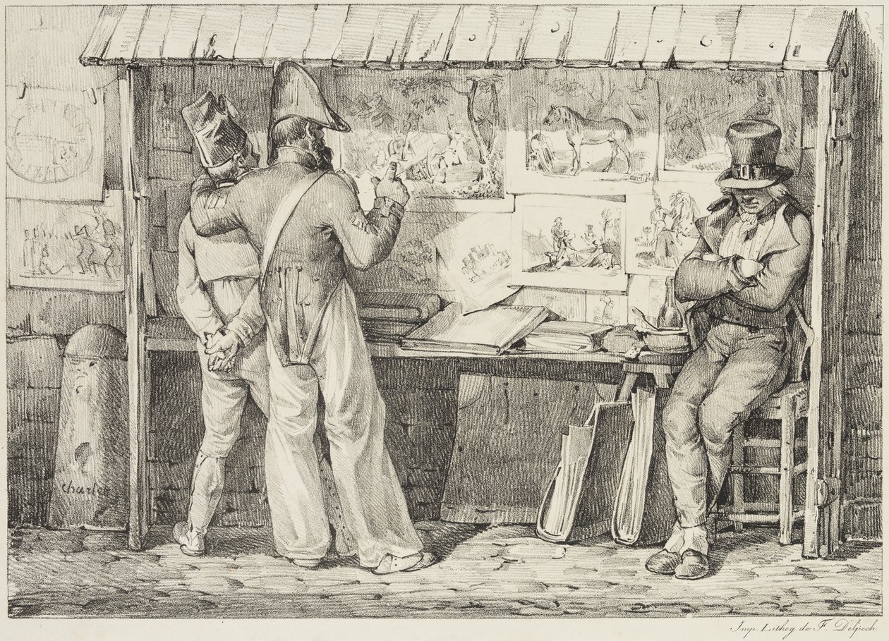 Le marchand de dessins lithographiques, 1818 és 1819 között (fekete tintával, szőtt papírra nyomtatott litho) alkotó: Nicolas Toussaint Charlet