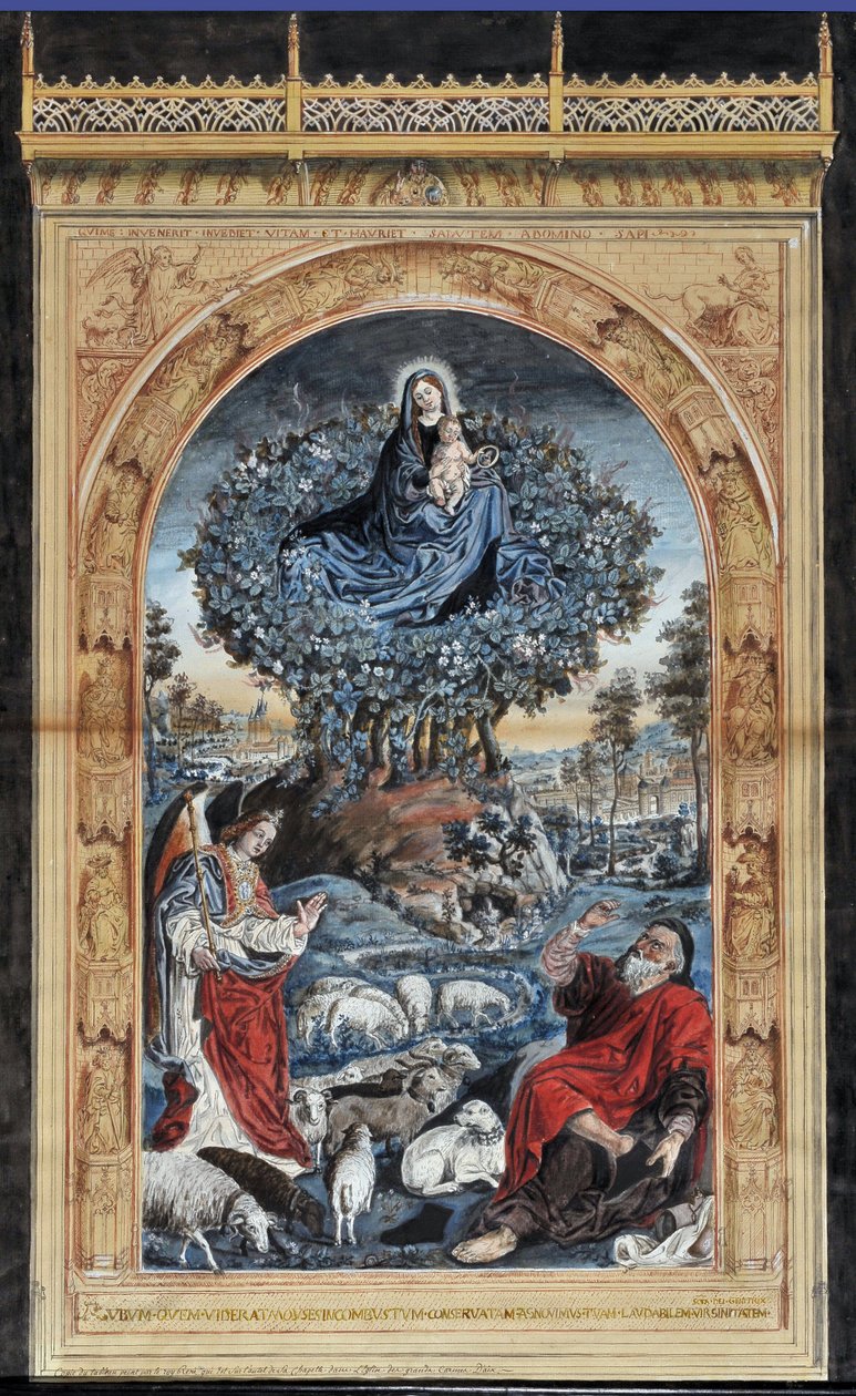 Burning Bush másolata. Mózes a Sínai hegyen leveszi cipőjét. Körülötte egy angyal, a Szűz és Krisztus és egy birkanyáj. Névtelen rajz. Mérete: 84x54 cm. Granet Múzeum, Aix en Provence. alkotó: Nicolas (after) Froment