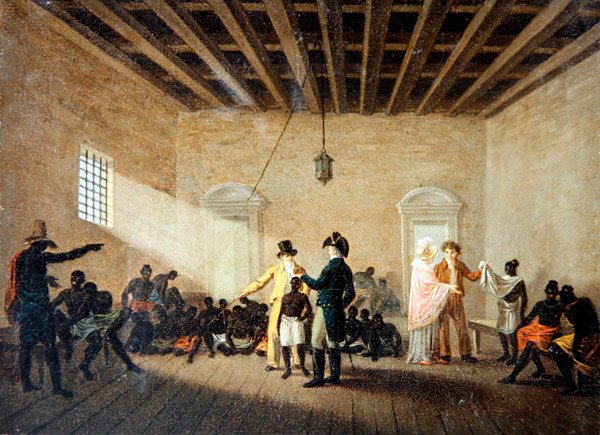 Egy enteriőr rabszolgakereskedőkkel (olaj, vászon) alkotó: Nicolas Antoine Taunay