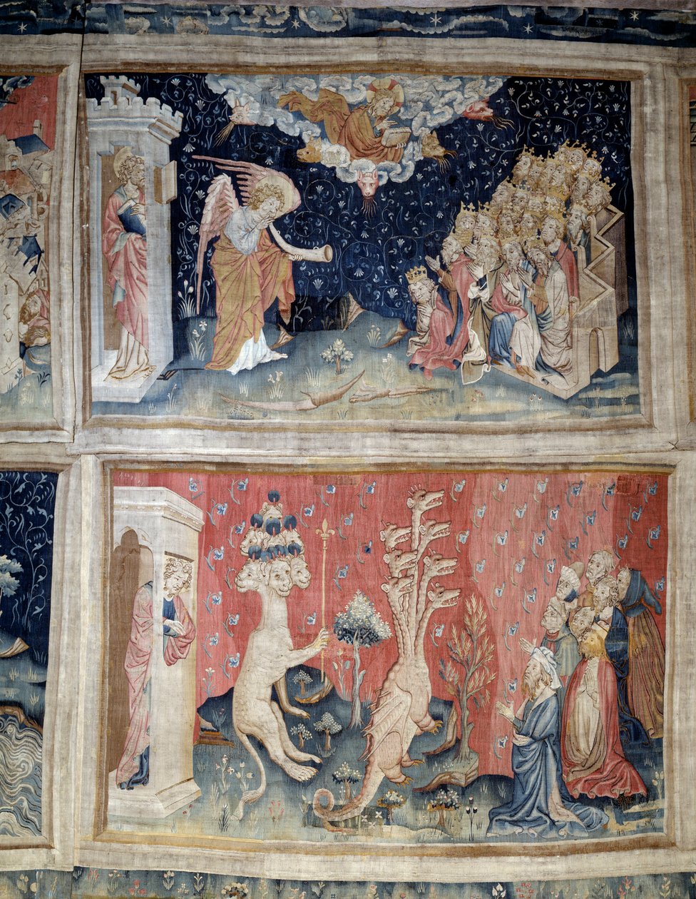 Jelenések akasztása (1373-1383), n. 24: a hetedik trombita. N. 39: Sárkányimádat. Nicolas Bataille (1330-1405) kárpitja alkotó: Nicolas Bataille